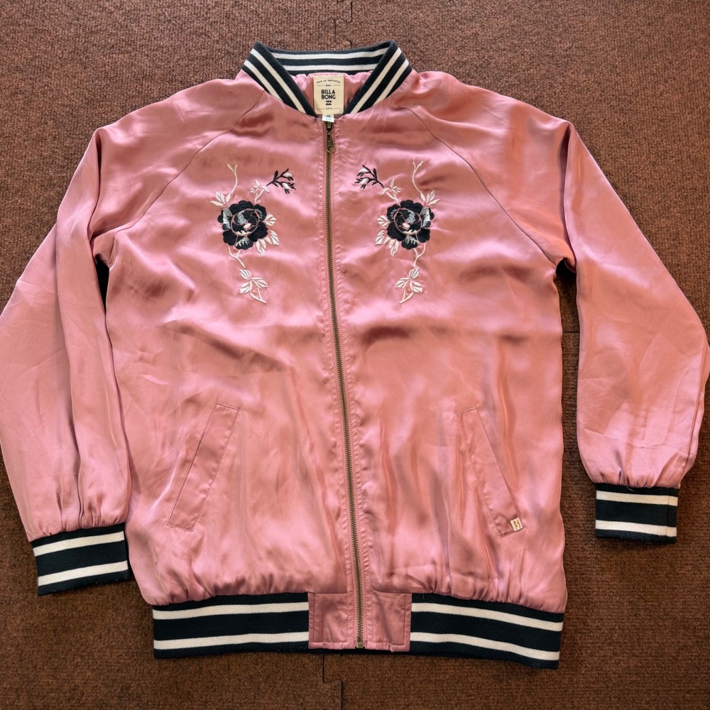 Billabong Floral Embroidered Satin Bomber Jacket Womens Pink Size Medium Zip Up